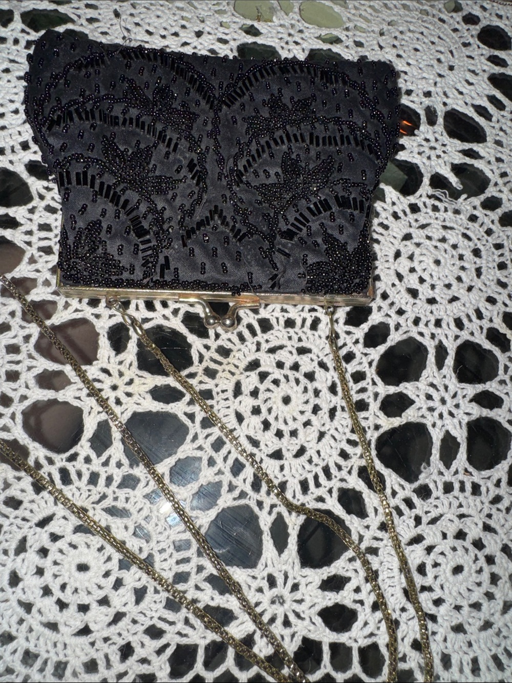 Black Beaded Evening Clutch with Gold Chain